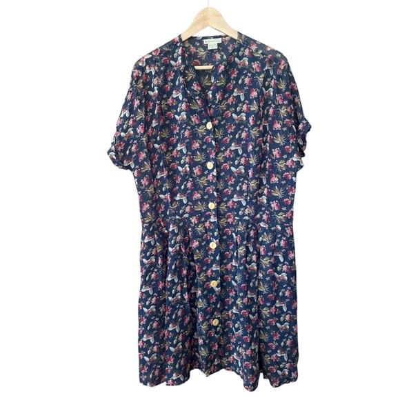 Vtg 90s Banana Republic Sheer Floral Dress Insect Motif Navy Blue Hong Kong M - Picture 1 of 8